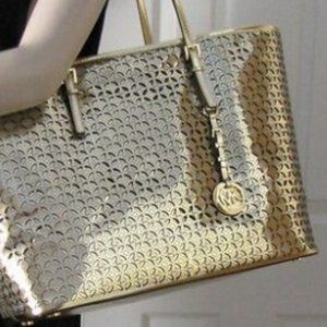 MICHAEL Michael Kors MK Flower Perforated Medium Travel Tote ( Gold) - Brand New